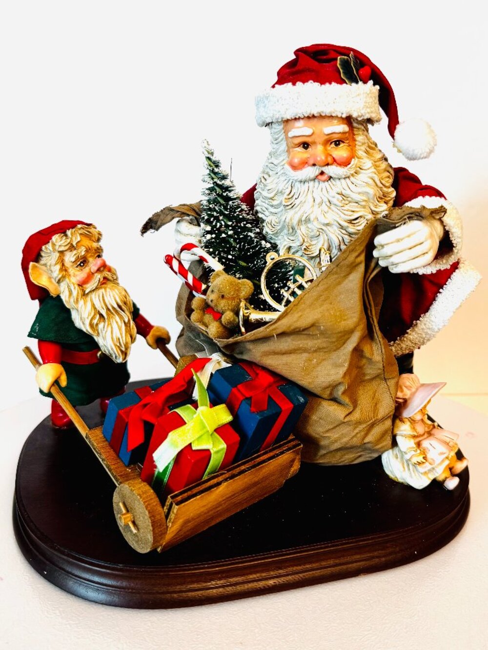 Vtg Possible Dreams Clothtique Santa Claus Gift Sack of Toys Elf Pushing Wooden